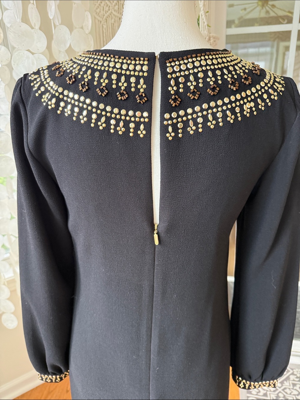 Trina Turk Womens Black Beaded Long Sleeve Shift Dress 0 Gold Detailing - Picture 8 of 13